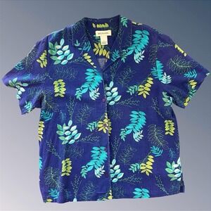 Bechamel Mens Large Blue Tropical Leaf Print Cotton Button Down Short Sleeve VTG